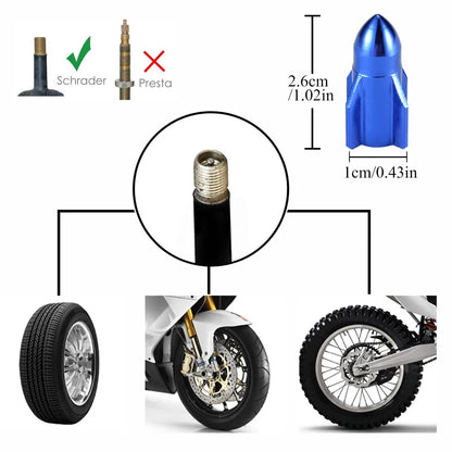 Aluminum Rocket Tire Valve Caps Set of 4 | Car and Motorcycle Alloy Valve Stem Covers