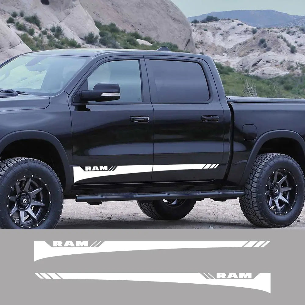 Dodge RAM Door Side Skirt Graphic Decal Kit (2 Pcs) – Custom Vinyl Sticker | 1500, 2500, Rebel, RTX | 12 Finishes