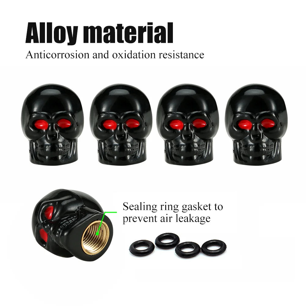 DSYCAR 4Pcs Skull Tire Valve Caps | Universal Dustproof Stem Caps