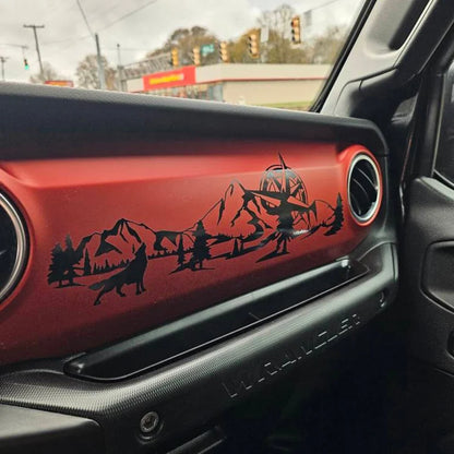 Jeep Wrangler JL & Gladiator JT Dashboard Decal – Wolf, Mountain & Compass Scene Vinyl Sticker (2018+)