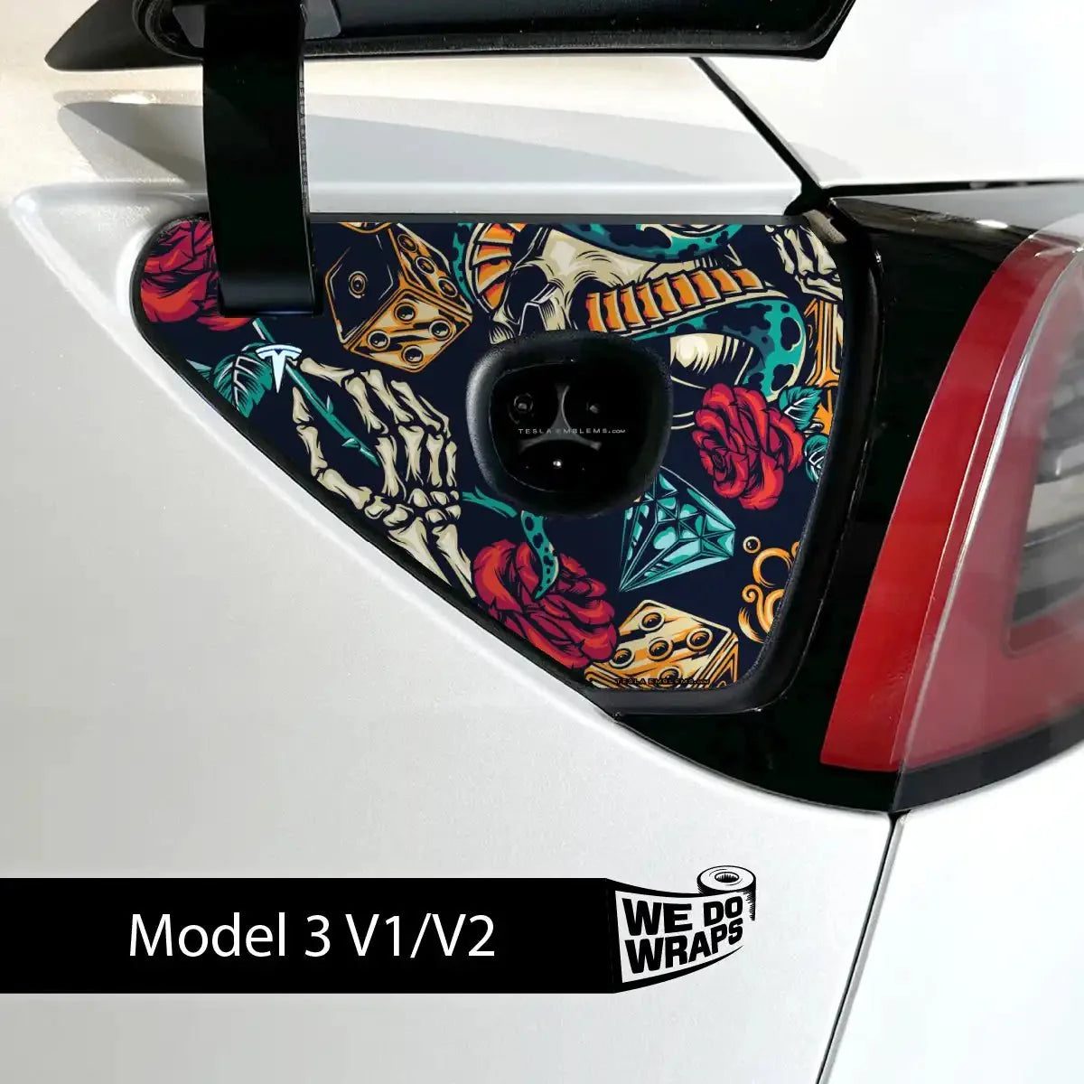 Skull & Rose Tattoo Art Tesla Charge Port Wrap | Model 3