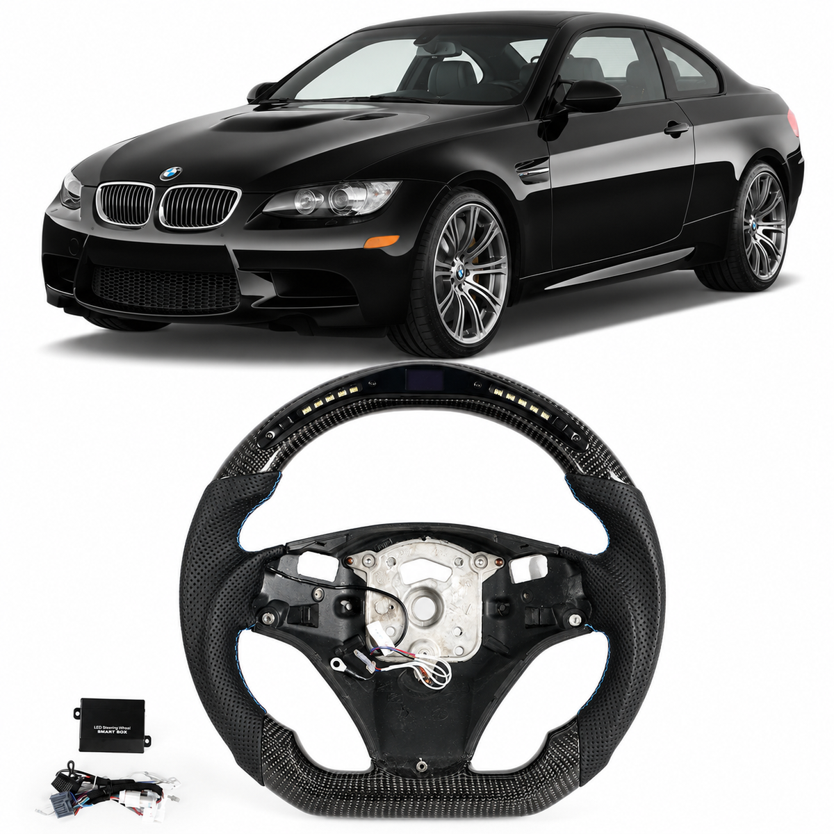 LED Carbon Fiber Steering Wheel for BMW E90 E92 E93 M3, 328i & 335i with Paddle Shifter Cutouts