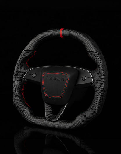 TESLA MODEL 3 HIGHLAND PERFORATED LEATHER FLAT BOTTOM SUPERNOVA DRY MATTE CARBON STEERING WHEEL