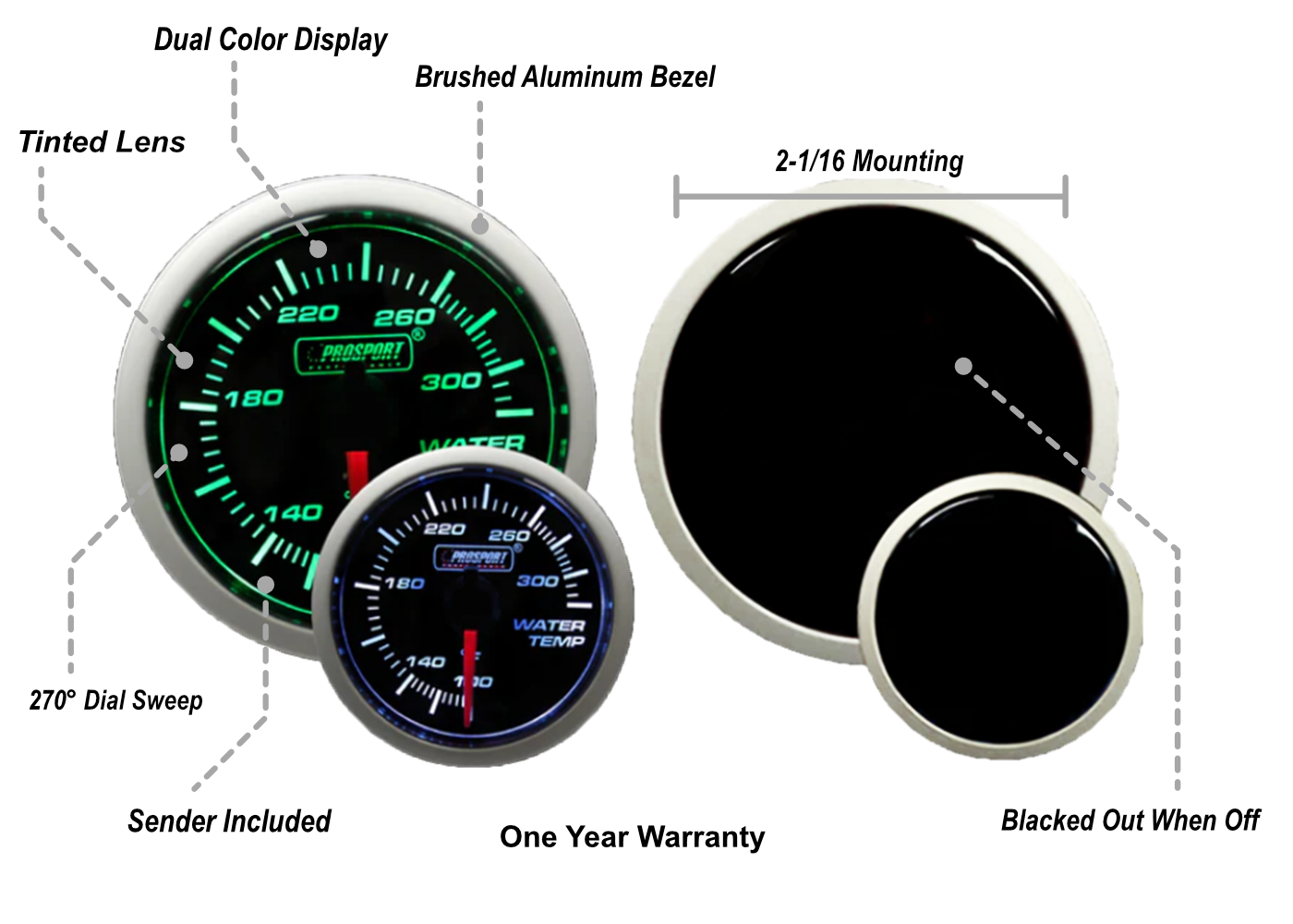 2-1/16" Green/White Water Temperature Gauge