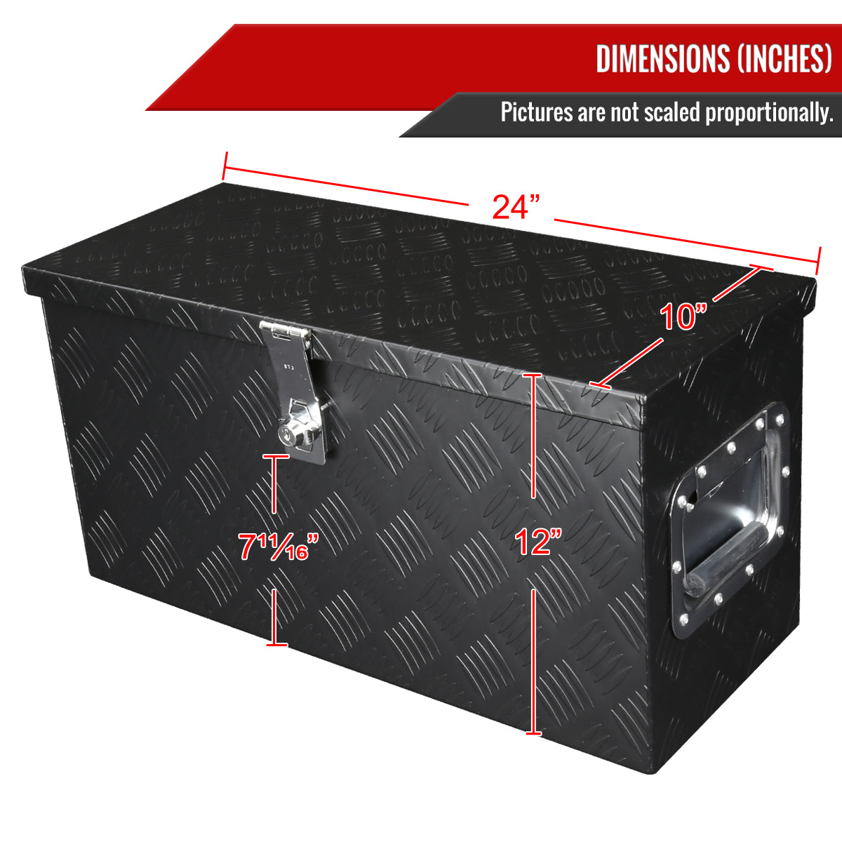 Universal 24" Heavy Duty Black Aluminum Tool Box w/ Side Handles, Lock, & Keys