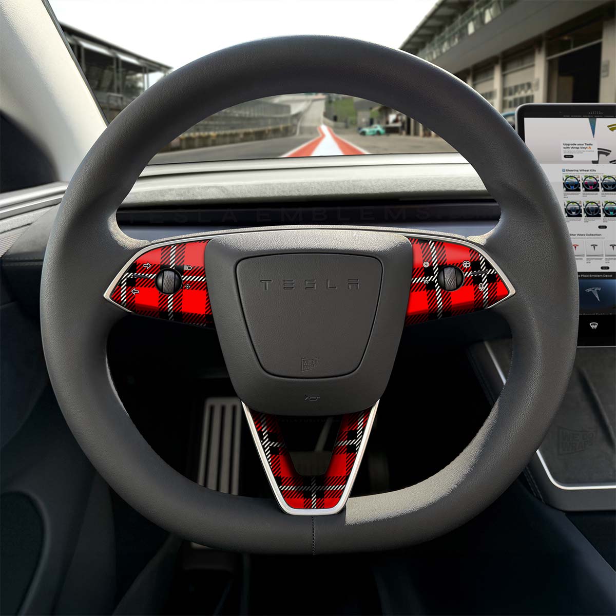 Tartan Plaid Tesla Steering Wheel Trim Decal Kit (3pcs) | Model 3