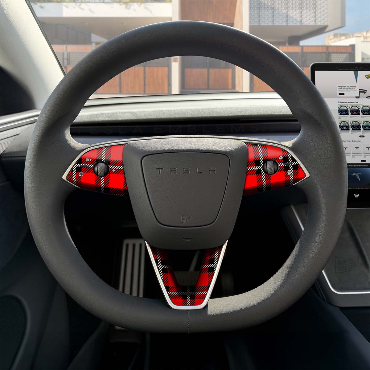 Tartan Plaid Tesla Steering Wheel Trim Decal Kit (3pcs) | MY 2026+ Refresh