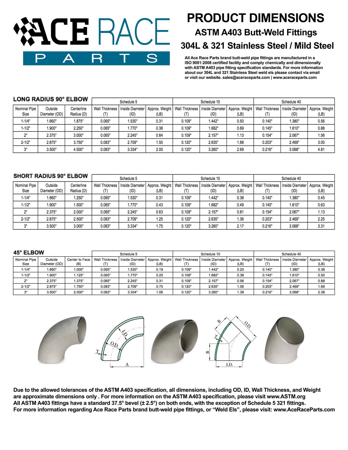 1-1/4" Schedule 10 Short Radius 90° Elbow 321 Stainless
