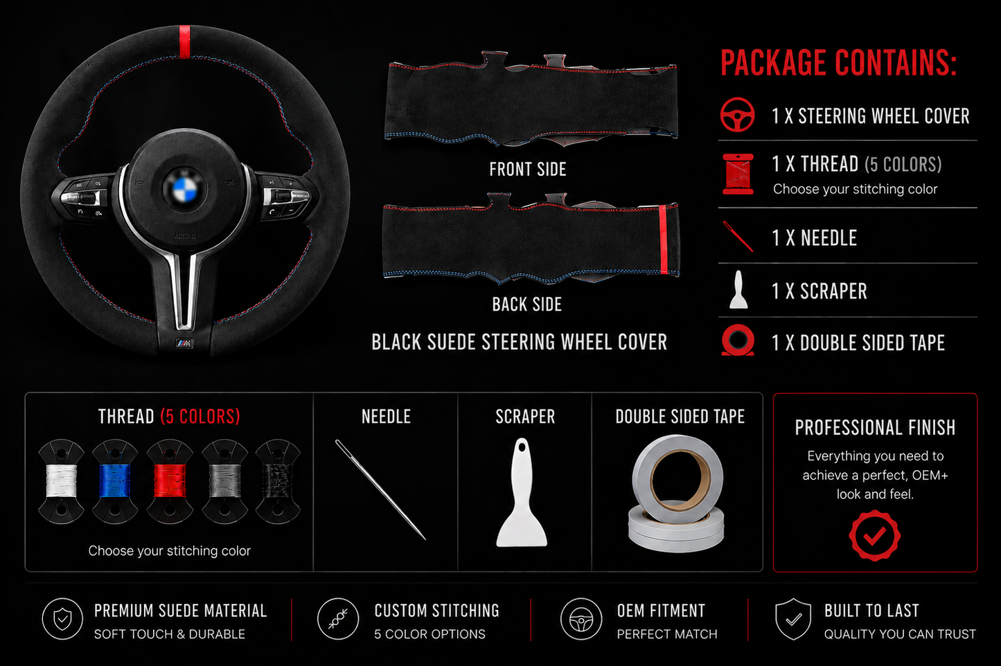 BMW F-Series Alcantara Suede Steering Wheel Cover DIY (Red Stripe)