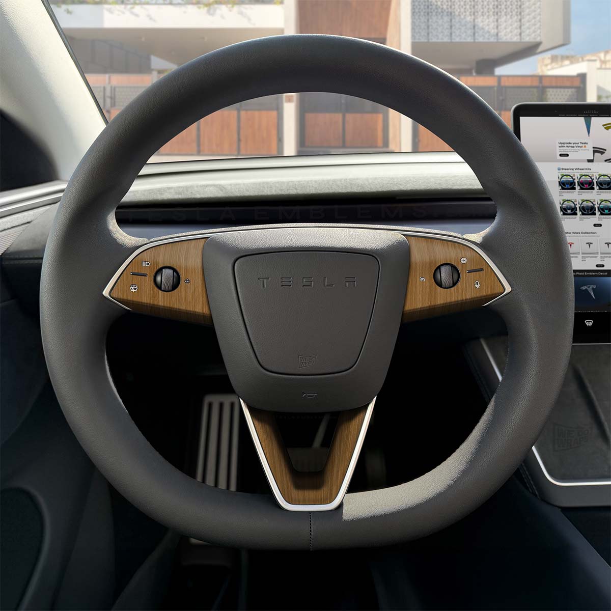 Golden Oak Woodgrain Tesla Steering Wheel Trim Decal Kit (3pcs) | MY 2026+ Refresh