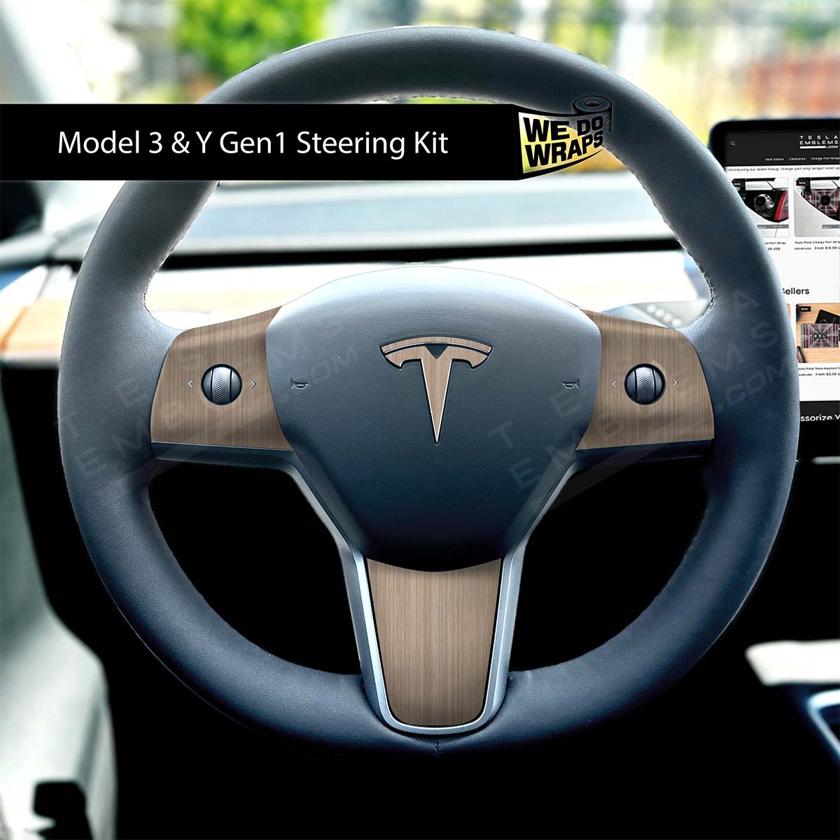 White Birch Woodgrain Tesla Steering Wheel Wrap | MY 2019-'25