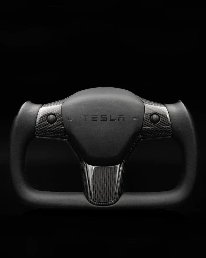 Sixth Element TESLA MODEL Y / MODEL 3 BLACK LEATHER DRY CARBON PLAID STYLE YOKE STEERING WHEEL