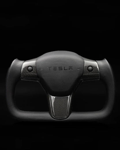 Sixth Element TESLA MODEL Y / MODEL 3 BLACK LEATHER DRY CARBON PLAID STYLE YOKE STEERING WHEEL