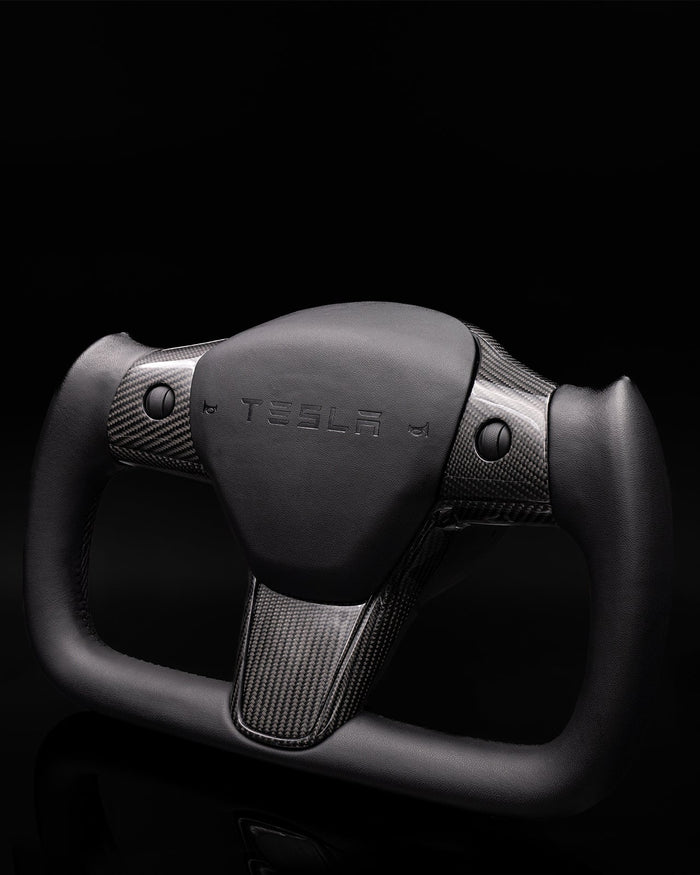 Sixth Element TESLA MODEL Y / MODEL 3 BLACK LEATHER DRY CARBON PLAID STYLE YOKE STEERING WHEEL