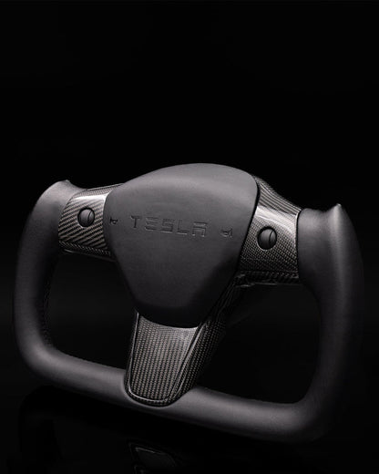 Sixth Element TESLA MODEL Y / MODEL 3 BLACK LEATHER DRY CARBON PLAID STYLE YOKE STEERING WHEEL
