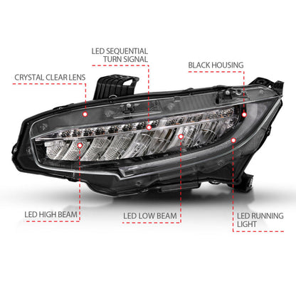 ANZO 16-17 Honda Civic Projector Headlights Plank Style Black w/Amber/Sequential Turn Signal 121527