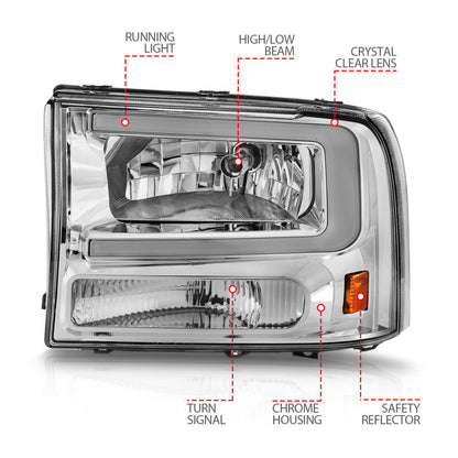ANZO 99-04 Ford F250/F350/F450/Excursion (excl. 99) Crystal Headlights - w/ Light Bar Chrome Housing 111550