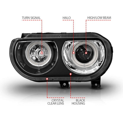 Anzo 2008-2014 Dodge Challenger Projector Headlights w/ Halo Black (CCFL)