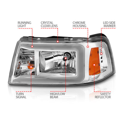ANZO 2001-2011 Ford Ranger Crystal Headlights w/ Light Bar Chrome Housing 111512