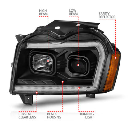 ANZO 2005-2007 Jeep Grand Cherokee Projector Headlights w/ Light Bar Switchback Black Housing 111543
