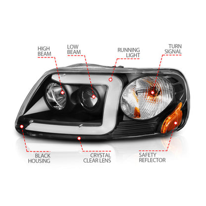 ANZO 1997-2003 Ford F-150 Projector Headlights w/ Light Bar Black Housing 111503