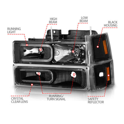 ANZO 88-98 Chevrolet C1500 Crystal Headlights w/ Light Bar Black Housing w/ Signal Side Markers 8Pcs 111528
