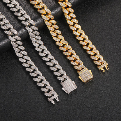 European Hip Hop Ornament 12mm Spring Fastener Double Row Zircon Necklace Bracelet