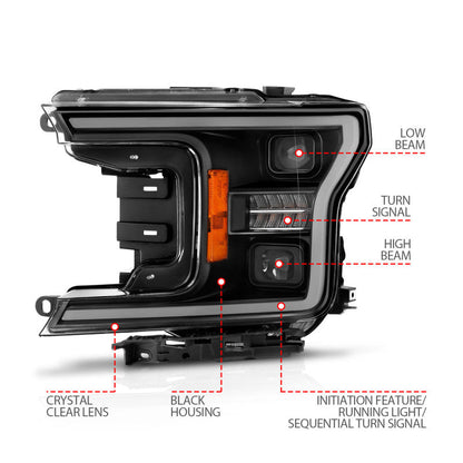 ANZO 18-20 Ford F-150 (w/o Fctry LED) Full LED Proj Headlights w/Light Bar Swtchbk Seq. Black w/Init 111570