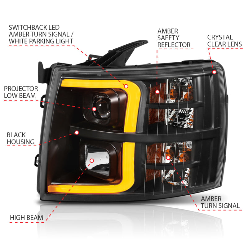 ANZO 07-13 Chevrolet Silverado 1500 Plank Style Projector Headlights Black w/ Amber 111410