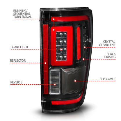 ANZO 21-23 Ford F-150 LED Taillights Seq. Signal w/BLIS Cover - Black (For Factory Halogen ONLY) 311475