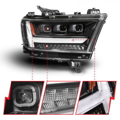 ANZO 19-24 RAM 1500 (New Body/OE Halogen) Full LED Proj Headlights DRL/SeqSig Black - Pass. Side 111628A-R