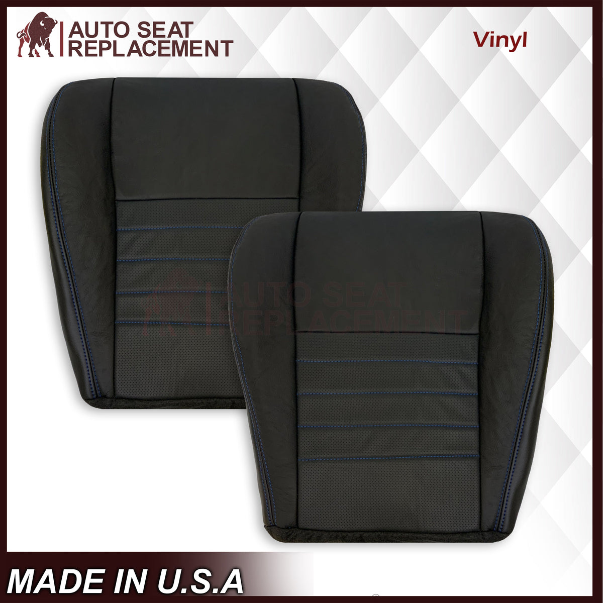 1999-2004 Ford Mustang GT Convertible Custom Blue Stitching Front & Second Row Seat Covers in Dark Charcoal Black: Choose From Variation