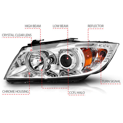 Anzo 2006-2008 BMW 3 Series E90-E91 Projector Headlights w/ Halo w/ LED Bar