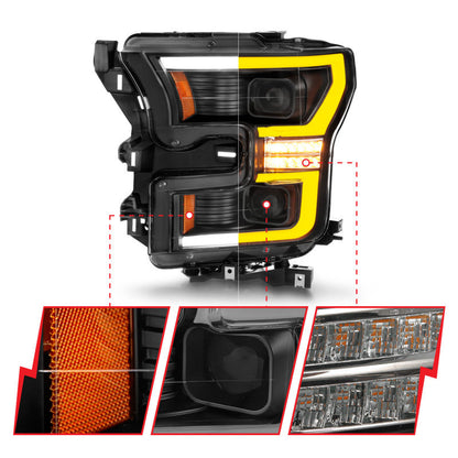 ANZO 15-17 Ford F-150 LED Projector Headlights - w/ Light Bar Switchback Black Housing 111547