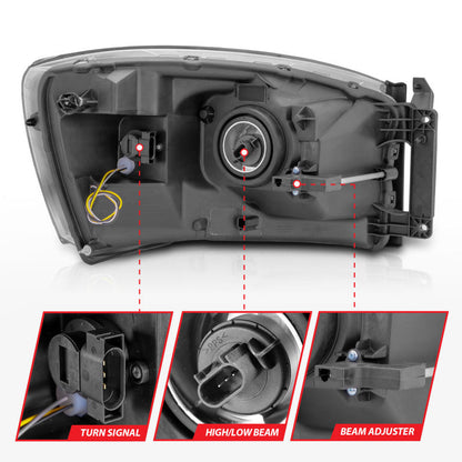 Anzo 06-09 Dodge RAM 1500/2500/3500 Headlights Chrome Housing/Clear Lens (w/Switchback Light Bars) 111527