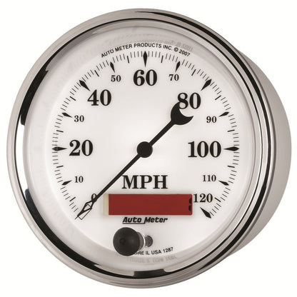 AutoMeter Gauge Speedometer 3-3/8in. 120MPH Elec. Prog. W/ Lcd Odo Old Tyme Wht II 1287