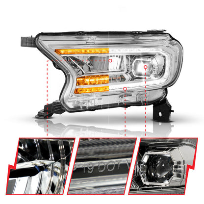 ANZO 19-23 Ford Ranger (Factory Halogen Models) Full LED Proj Headlights DRL/SeqSig Chrome - Pair 111633A