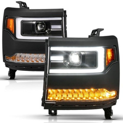 ANZO 16-18 Chevy Silverado1500 (Factory HID Models) LED Proj Light Bar Style Headlights Black - Pair 111624A