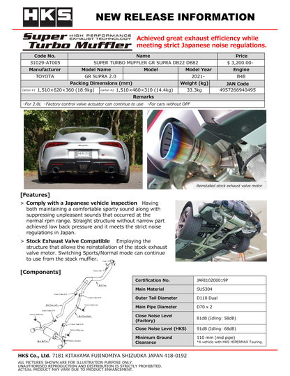 HKS SUPER TURBO MUFFLER GR SUPRA DB22 DB82 B48 31029-AT005