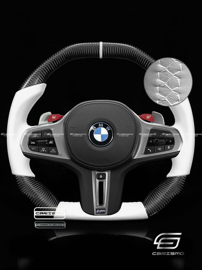 Carismo Steering Wheel For BMW G-Series (M Performance Wheel) - Signature - Gloss Carbon - White Smooth Leather