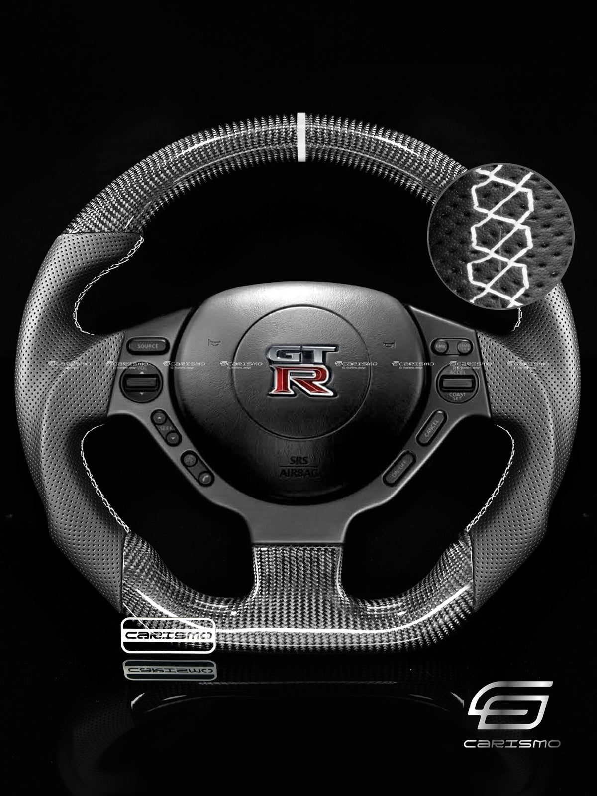 Carismo Steering Wheel For Nissan GT-R (R35 CBA & DBA) - Sport - Gloss Carbon - Perforated Leather