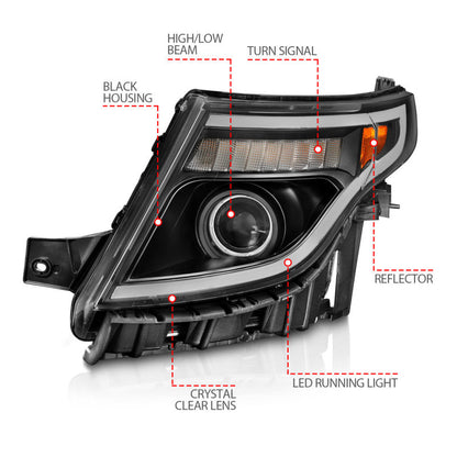 ANZO 11-15 Ford Explorer (w/Factory Halogen HL Only) Projector Headlights w/Light Bar Black Housing 111575