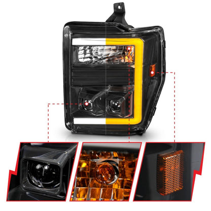 ANZO 08-10 Ford F-250 - F-550 Super Duty Projector Headlights w/ Light Bar Switchback Black Housing 111586