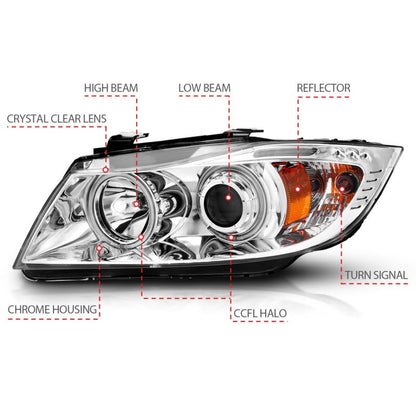 Anzo 2006-2008 BMW 3 Series E90-E91 Projector Headlights w/ Halo w/ LED Bar
