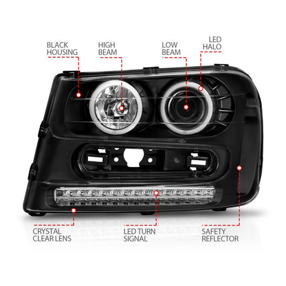Anzo 2002-2009 Chevrolet Trailblazer Projector Headlights w/ Halo Black