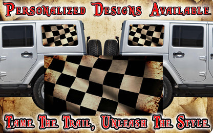Black and bronze race flag Rear quarter window see through graphic.