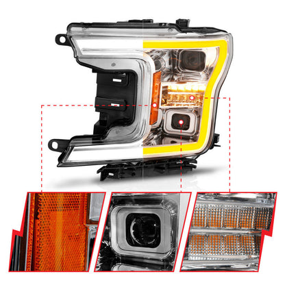 ANZO 18-20 Ford F-150 (w/o Fctry LED) Full LED Proj Headlights w/Light Bar Swtchbk Seq. Chrome w/Int 111571