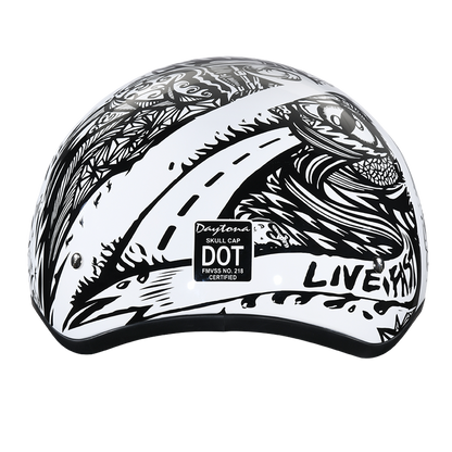 DOT Approved Daytona Motorcycle Half Face Helmet - Skull Cap Graphics for Men & Women, Scooters, ATVs, UTVs & Choppers - W/ Live Fast