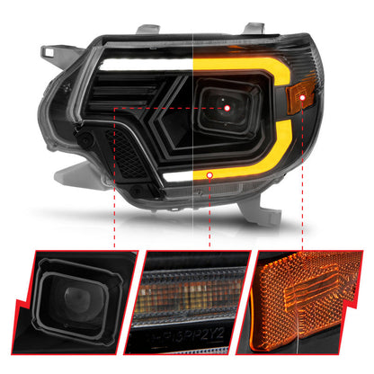 ANZO 12-15 Toyota Tacoma Projector Headlights - w/ Light Bar Switchback Black Housing 111556