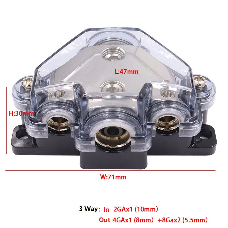 3 Way Power/Ground Distribution Block 2 AWG In, 2x 8 AWG Out, 1x 4 AWG Out